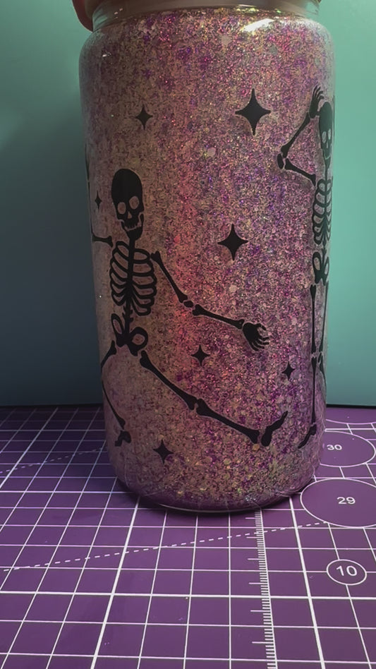 16oz Glass Premade Tumbler: Dancing Skeletons (Dry= No flow)